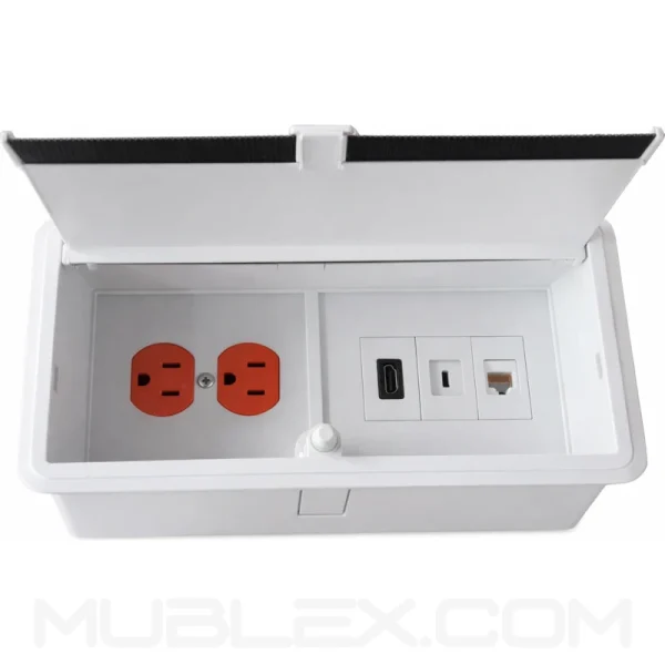 Grommet para mesa con 3 módulos conexiones y 1 toma eléctrica leviton naranja PushDuo con tapa push - Image 12