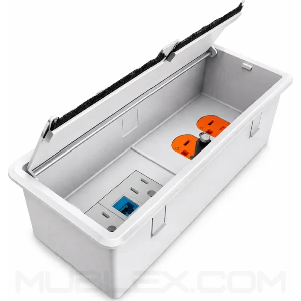 Grommet para mesa con 3 módulos conexiones y 1 toma eléctrica leviton naranja PushDuo con tapa push - Image 11