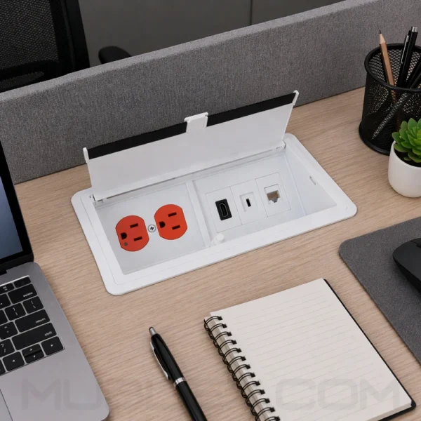 Grommet para mesa con 3 módulos conexiones y 1 toma eléctrica leviton naranja PushDuo con tapa push - Image 4