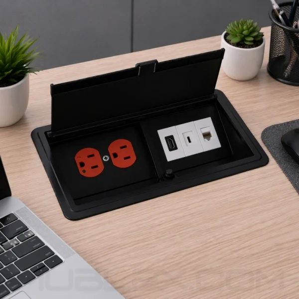 Grommet para mesa con 3 módulos conexiones y 1 toma eléctrica leviton naranja PushDuo con tapa push - Image 6