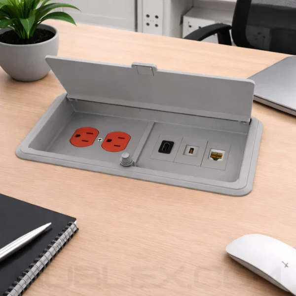 Grommet para mesa con 3 módulos conexiones y 1 toma eléctrica leviton naranja PushDuo con tapa push - Image 5