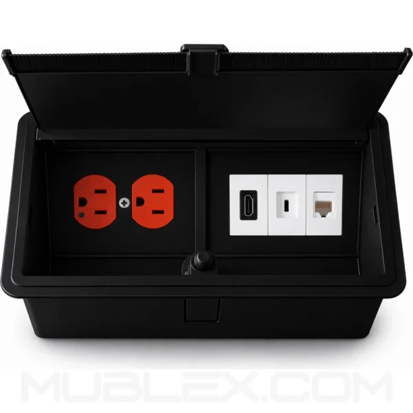 Grommet para mesa con 3 módulos conexiones y 1 toma eléctrica leviton naranja PushDuo con tapa push - Image 10